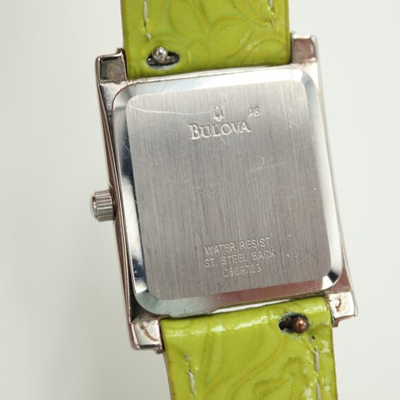 Bulova Silver Tone Womens 23mm Tank Watch Yellow Green Leather w New Battery - Picture 15 of 16